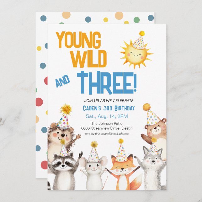 Convites Young Wild Forest Animals Party Hats 3rd Birthday (Frente/Verso)