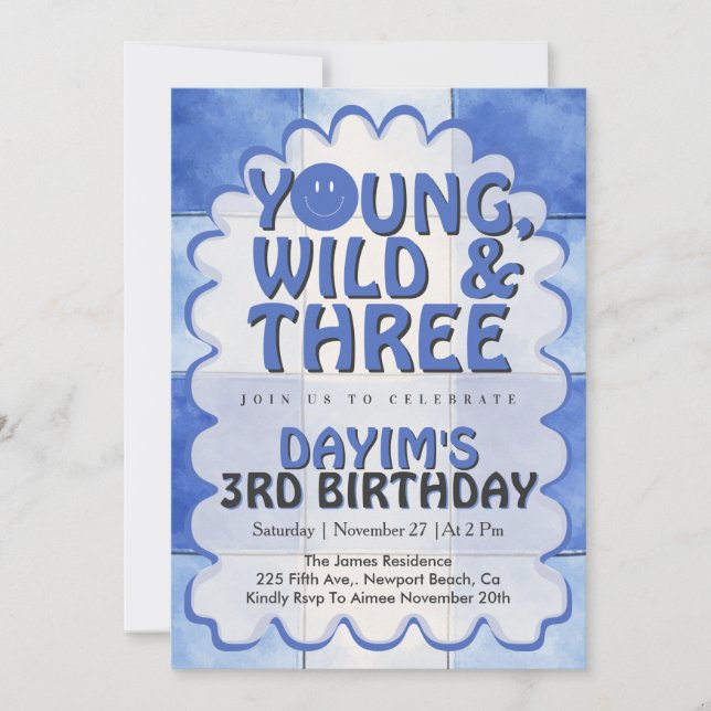 Convites Young Wild & Three Blue Retro Boy 3rd Birthday  (Frente)