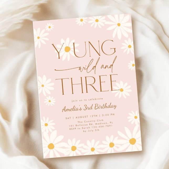 Convites Young Wild Three Daisy Floral 3rd Birthday (Criador carregado)