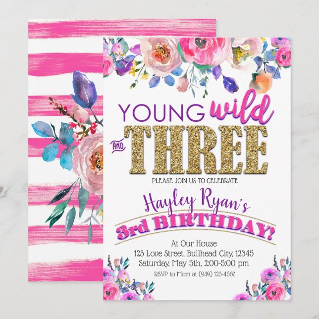 Convites Young Wild & Three Girls Boho Floral aniversário d (Frente/Verso)