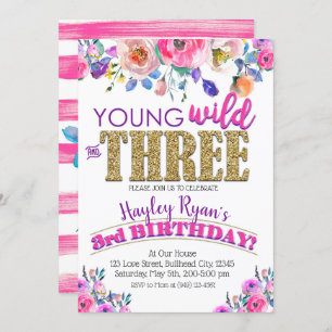 Convites Young Wild & Three Girls Boho Floral aniversário d