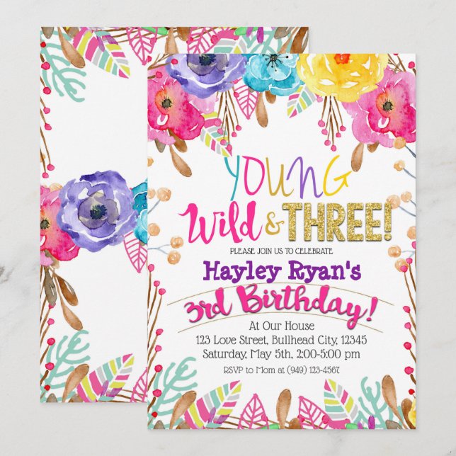 Convites Young Wild & Three Girls Boho Floral aniversário d (Frente/Verso)
