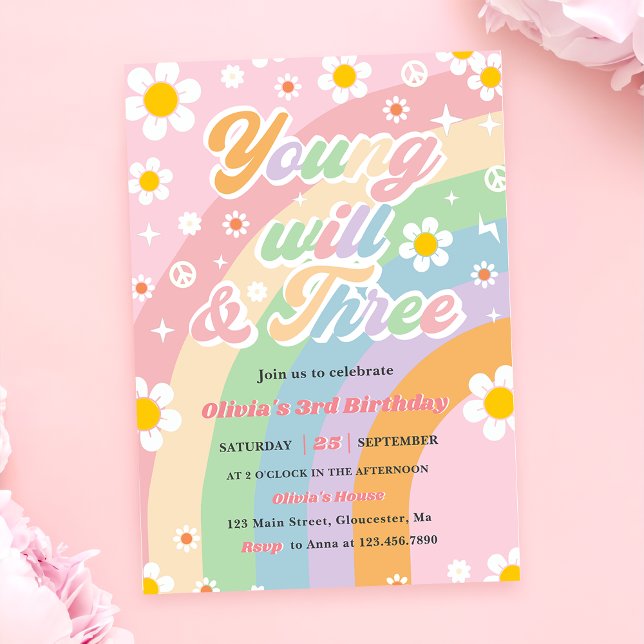Convites Young Wild Three Groovy Daisy Rainbow aniversário  (Criador carregado)