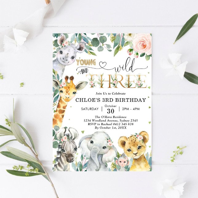 Convites Young Wild & Three Party Animals Girl 3rd Birthday (Criador carregado)