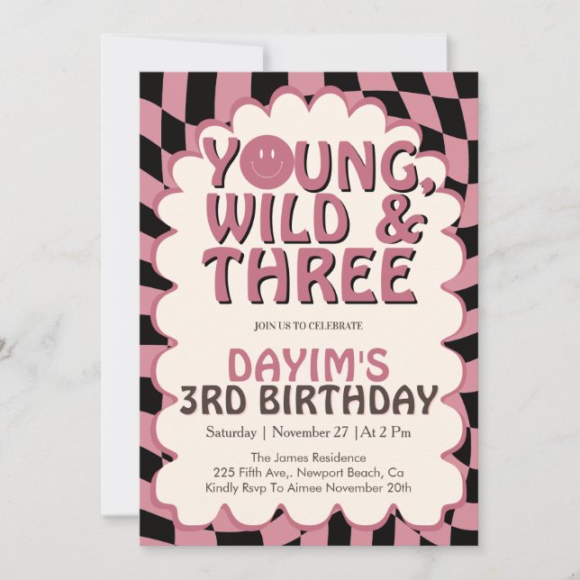 Convites Young Wild & Three Pink Retro Girl 3rd Birthday (Frente)