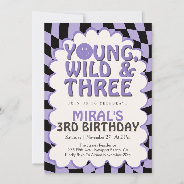 Convites Young Wild & Three Purple Retro Girl 3rd Birthday (Frente)