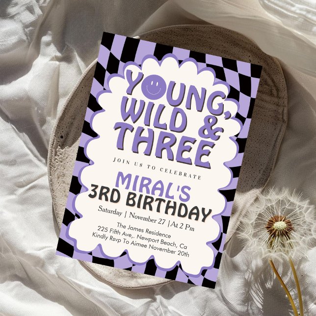 Convites Young Wild & Three Purple Retro Girl 3rd Birthday (Criador carregado)