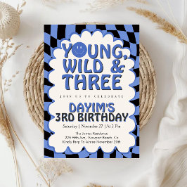 Convites Young Wild & Three Retro Blue Boy 3rd Birthday
