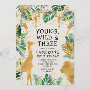 Convites Young Wild Three Safari Green Ecru aniversário de