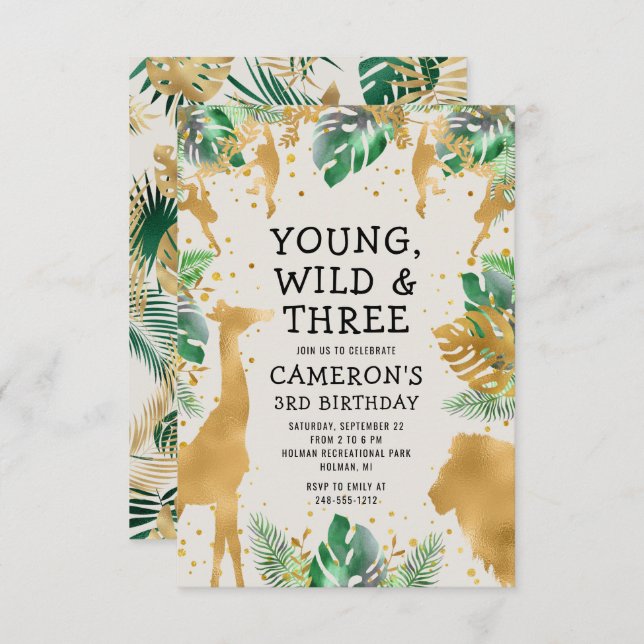 Convites Young Wild Three Safari Green Ecru aniversário de  (Frente/Verso)