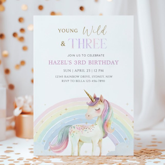 Convites Young Wild & Three Unicorn Rainbow 3rd Birthday (Criador carregado)