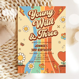 Convites Young Wild Três Retro Rainbow aniversário de 3 ano