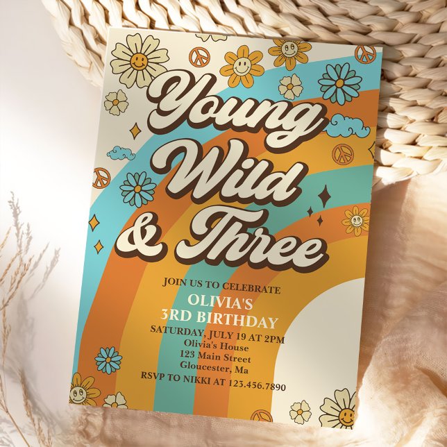 Convites Young Wild Três Retro Rainbow aniversário de 3 ano (Criador carregado)