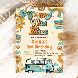 Convites Young Wild Três Retro Rainbow aniversário de 3 ano