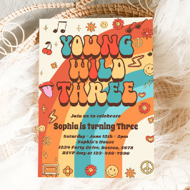 Convites Young Wild Três Retro Rainbow aniversário de 3 ano