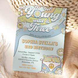 Convites Young Wild Três Retro Rainbow aniversário de 3 ano