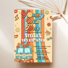 Convites Young Wild Três Retro Rainbow aniversário de 3 ano