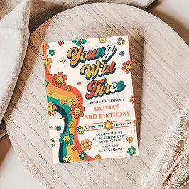 Convites Young Wild Três Retro Rainbow aniversário de 3 ano