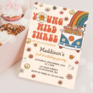 Convites Young Wild Três Retro Rainbow aniversário de 3 ano