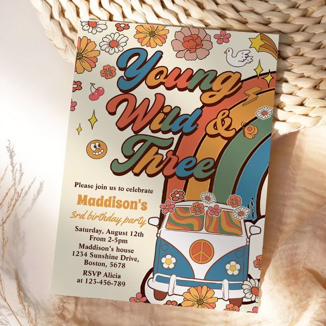 Convites Young Wild Três Retro Rainbow aniversário de 3 ano (Criador carregado)