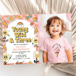 Convites Young Wild Três Retro Van Pink aniversário de 3 an