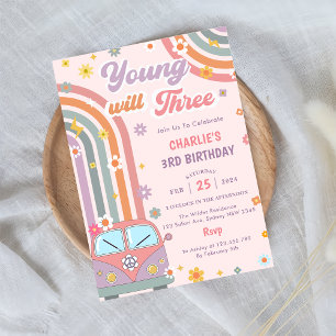 Convites Young Will Three Groovy Retro Daisy aniversário de