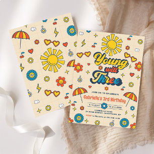Convites Young Will Three Retro Daisy aniversário de 3 anos
