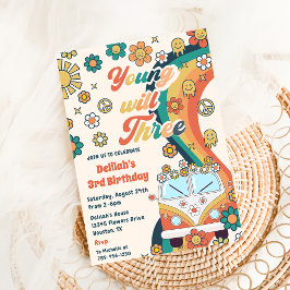 Convites Young Will Three Retro Floral aniversário de 3 ano