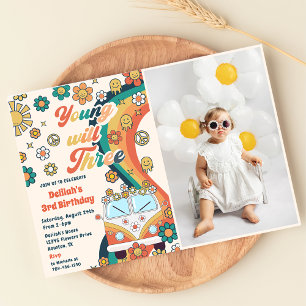 Convites Young Will Three Retro Floral aniversário de 3 ano