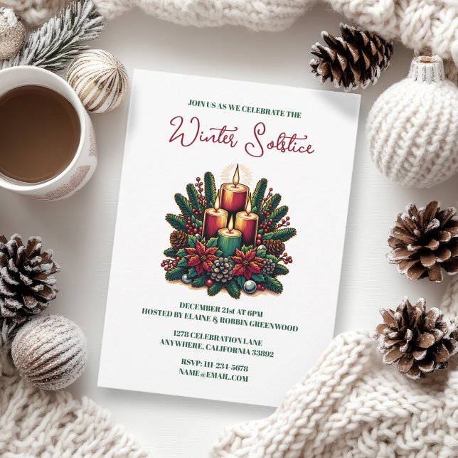 Convites Yule Winter Solstice Poinsettia & Greenery Wicca (Yule Winter Solstice Poinsettia & Greenery Wicca Invitation)