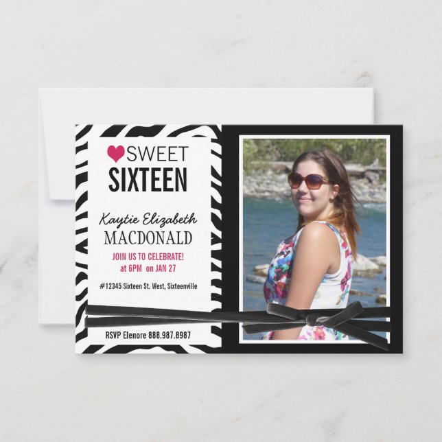 Convites ZEBRA, 16 Festa da Wild Girl Zebra Sweet (Frente)