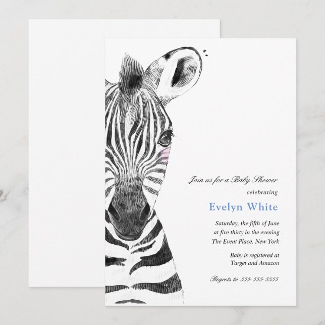 Convites Zebra da Aquarela | CHÁ DE FRALDAS (Frente/Verso)