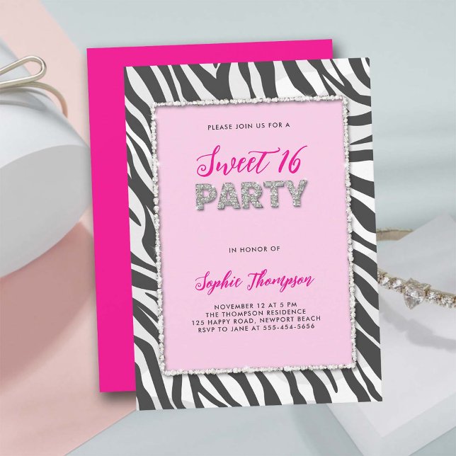 Convites Zebra de Partido Selvagem Imprimida Rinoestone Fra (sweet 16 party invitation wild animal zebra print hot pink rhinestone frame elegant girly classy)