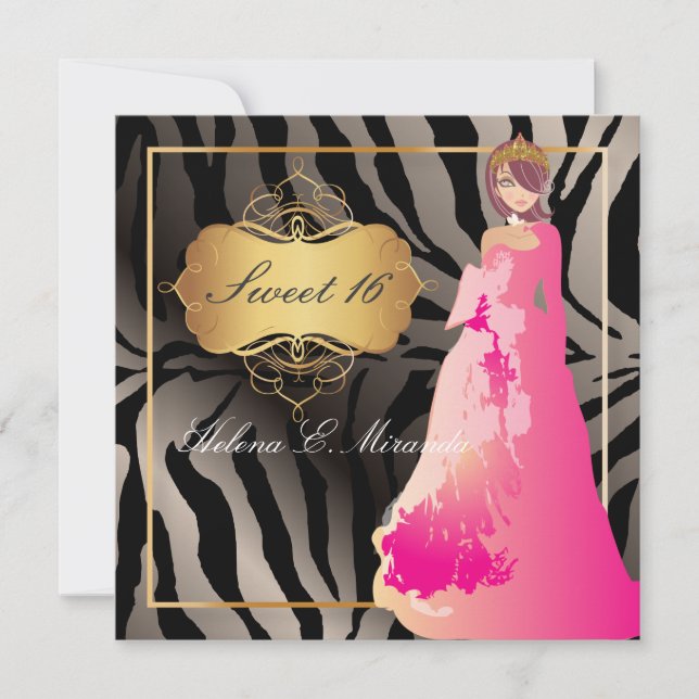 Convites ZEBRA FAUX PRATA/Sweet 16/ Quinceañera (Frente)