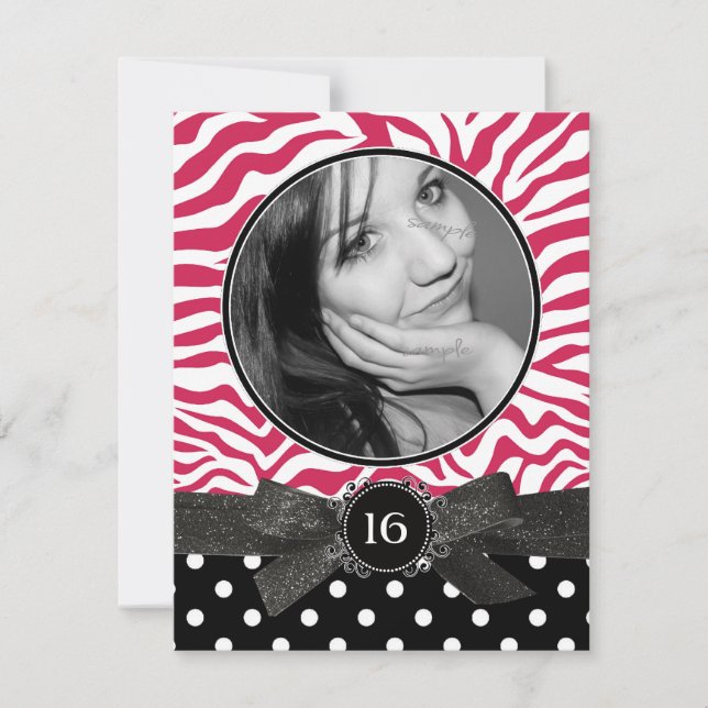 Convites Zebra Glitter e Polkadots Foto Sweet 16 Pink (Frente)
