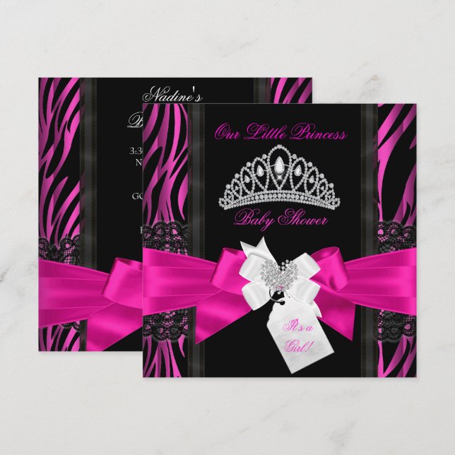 Convites Zebra Hot Pink Princesa Chá de fraldas Negra 2 (Frente/Verso)
