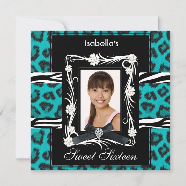 Convites Zebra Leopardo Teal Sweet Sixteen 16 Preto Branco (Frente)