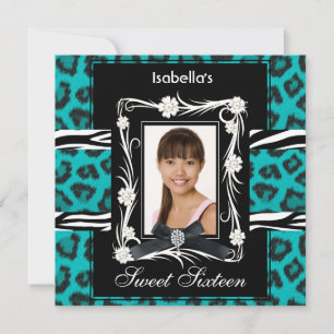 Convites Zebra Leopardo Teal Sweet Sixteen 16 Preto Branco