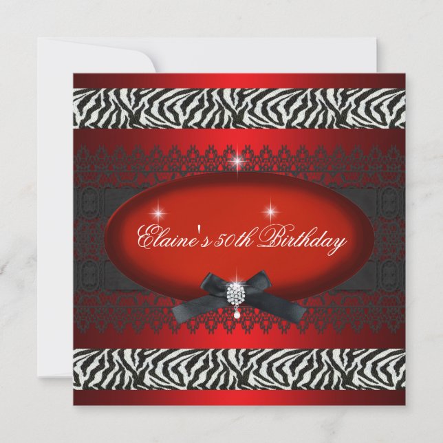 Convites Zebra Negra Festa de aniversário Vermelha 50 (Frente)