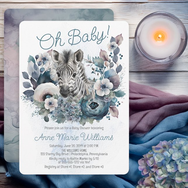 Convites Zebra Oh Baby Blue Chá de fraldas Floral (Zebra Oh Baby Blue Floral Baby Shower Invitation - Print | Digital Download)