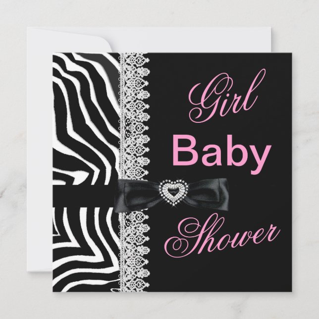 Convites Zebra preto branco Rosa Menina Chuveiro de Bebê Re (Frente)