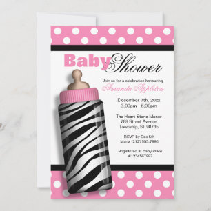 Convites Zebra Print Baby Bottle - Chá de fraldas Rosa