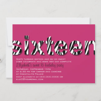 Convites Zebra Print Typography Design Sweet 16 Invitation