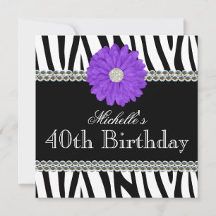 Convites Zebra Purple Daisy aniversário de 40 anos