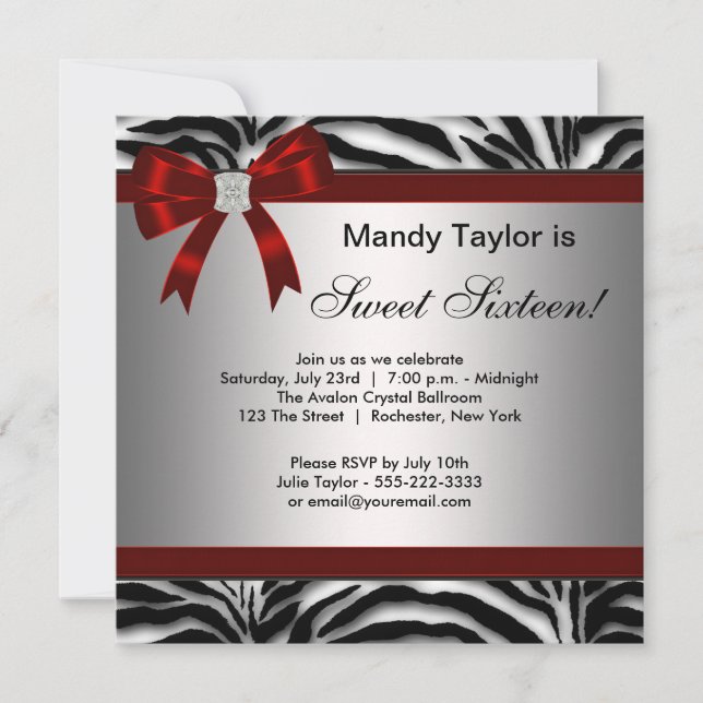 Convites Zebra Red Arco Rico Doce Dezesseis (Frente)