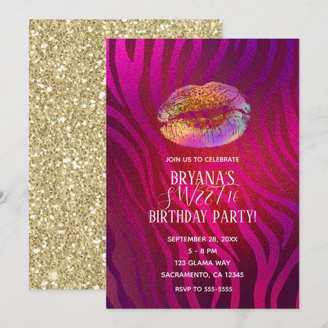 Convites Zebra Rosa Quente Arco-íris Glitter Lábios Festa (Frente/Verso)