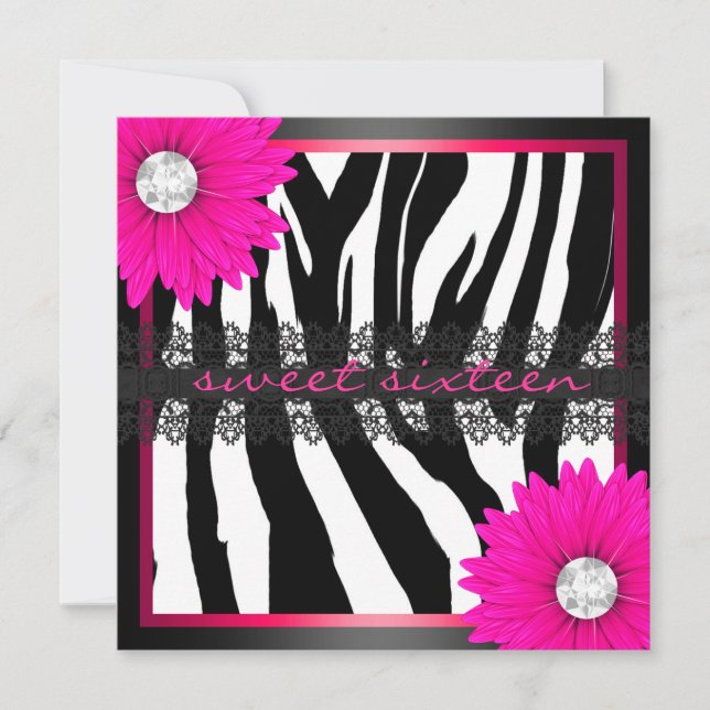 Convites Zebra Rosa Quente Doce Dezesseis (Frente)