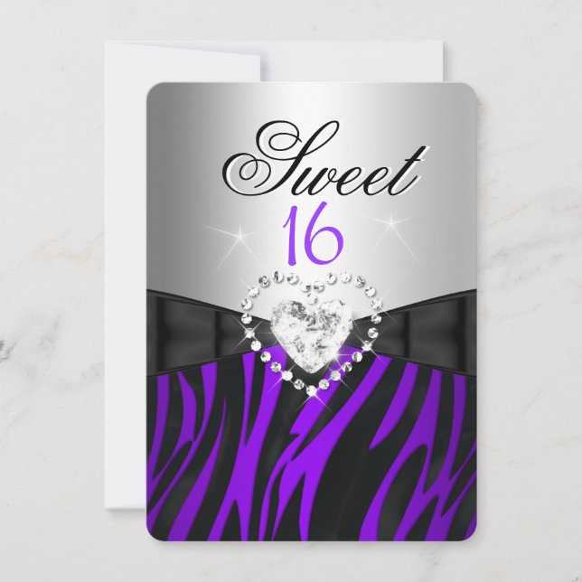 Convites Zebra Roxo Prata Doze Aniversário de Dezesseis Ano (Frente)