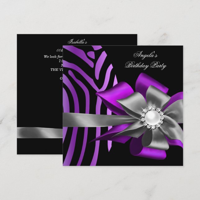Convites Zebra Roxo Preto Prata Arco Pérola Aniversário (Frente/Verso)