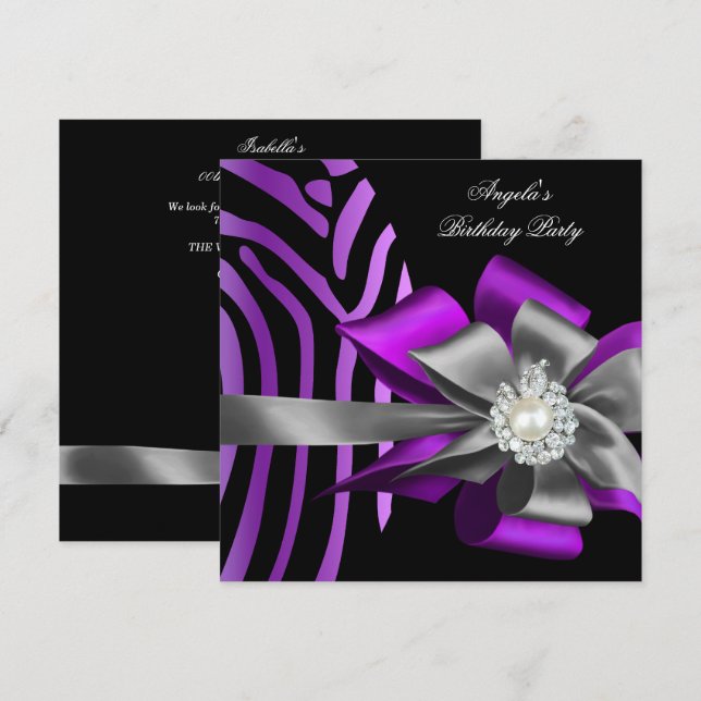 Convites Zebra Roxo Preto Prata Arco Pérola Aniversário 2 (Frente/Verso)